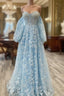 Blue Tulle Butterfly Long Sleeve Formal Prom Dresses