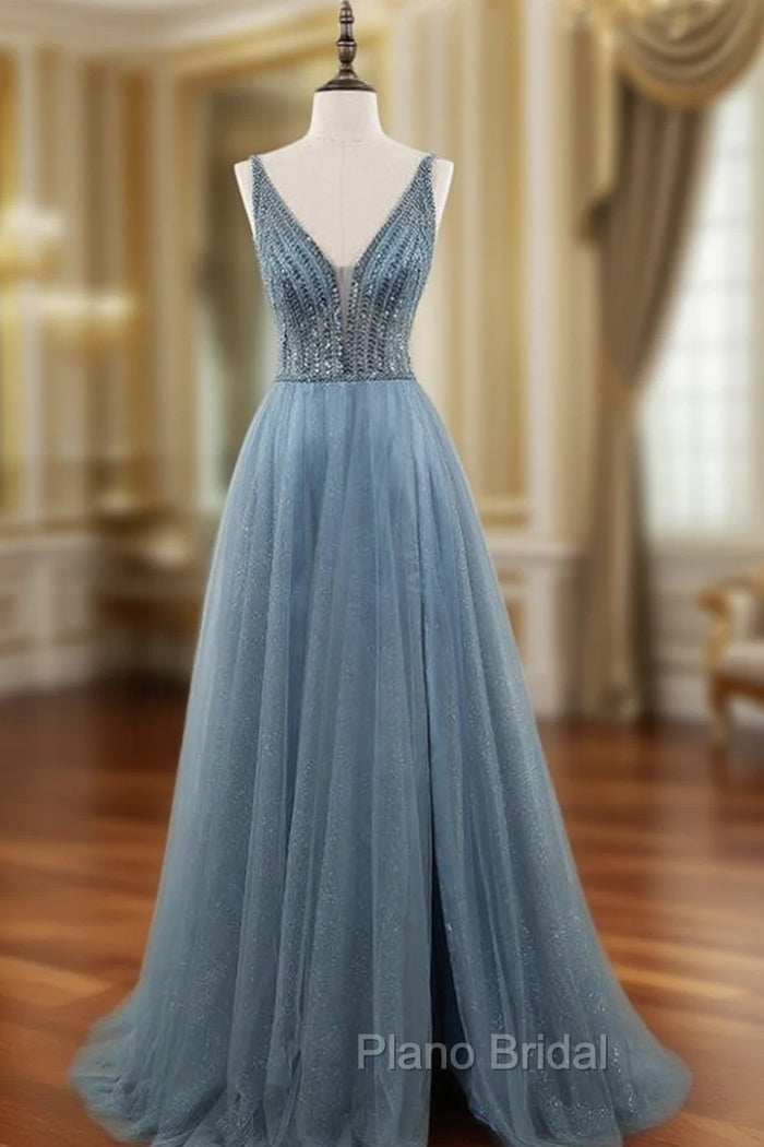 Blue Tulle Deep V-neck Backless Beading Sequins Formal Prom Dresses Main image