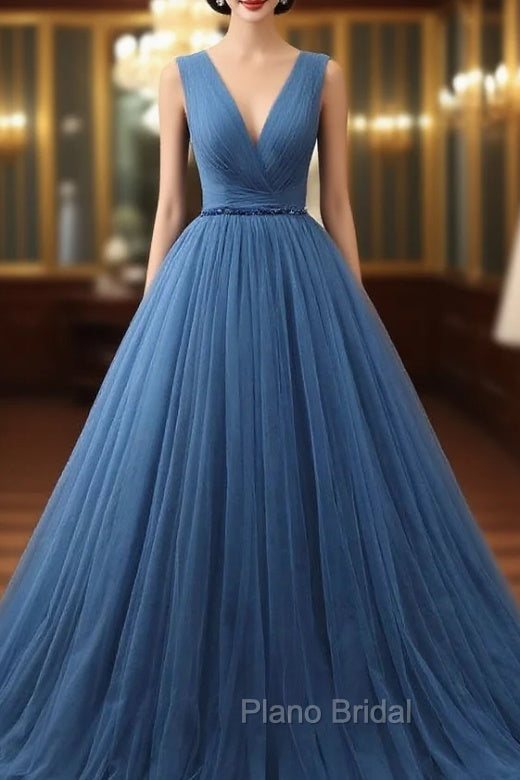 Blue Tulle Deep V-neck Pleats Beading Formal Prom Dresses Main image