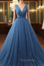 Blue Tulle Deep V-neck Pleats Beading Formal Prom Dresses