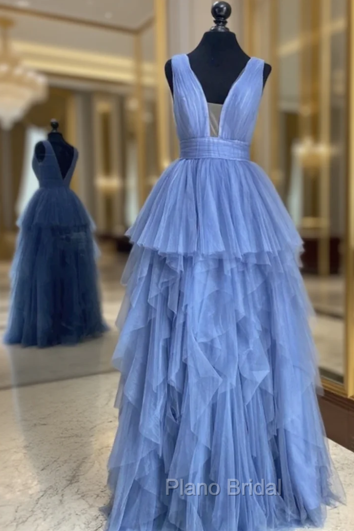 Blue Tulle Deep V-neck Pleats Formal Prom Dresses Main image
