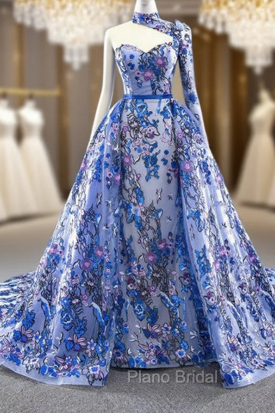 Blue Tulle Embroidery High Neck Long Sleeve Backless Formal Prom Dresses Main image