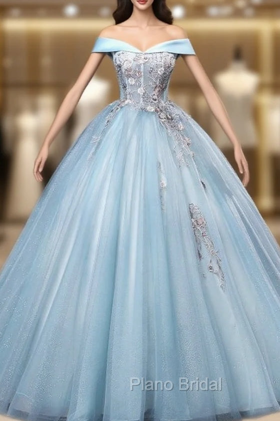 Blue Tulle Embroidery Sequins Off the Shoulder Quinceanera Dresses Main image
