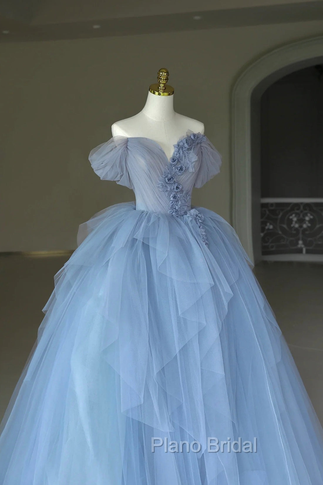 Blue Tulle Floor Length Formal Prom Dresses, Off the Shoulder Evening Dresses with 3D Flowers Secondary image
