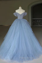 Blue Tulle Floor Length Formal Prom Dresses, Off the Shoulder Evening Dresses with 3D Flowers
