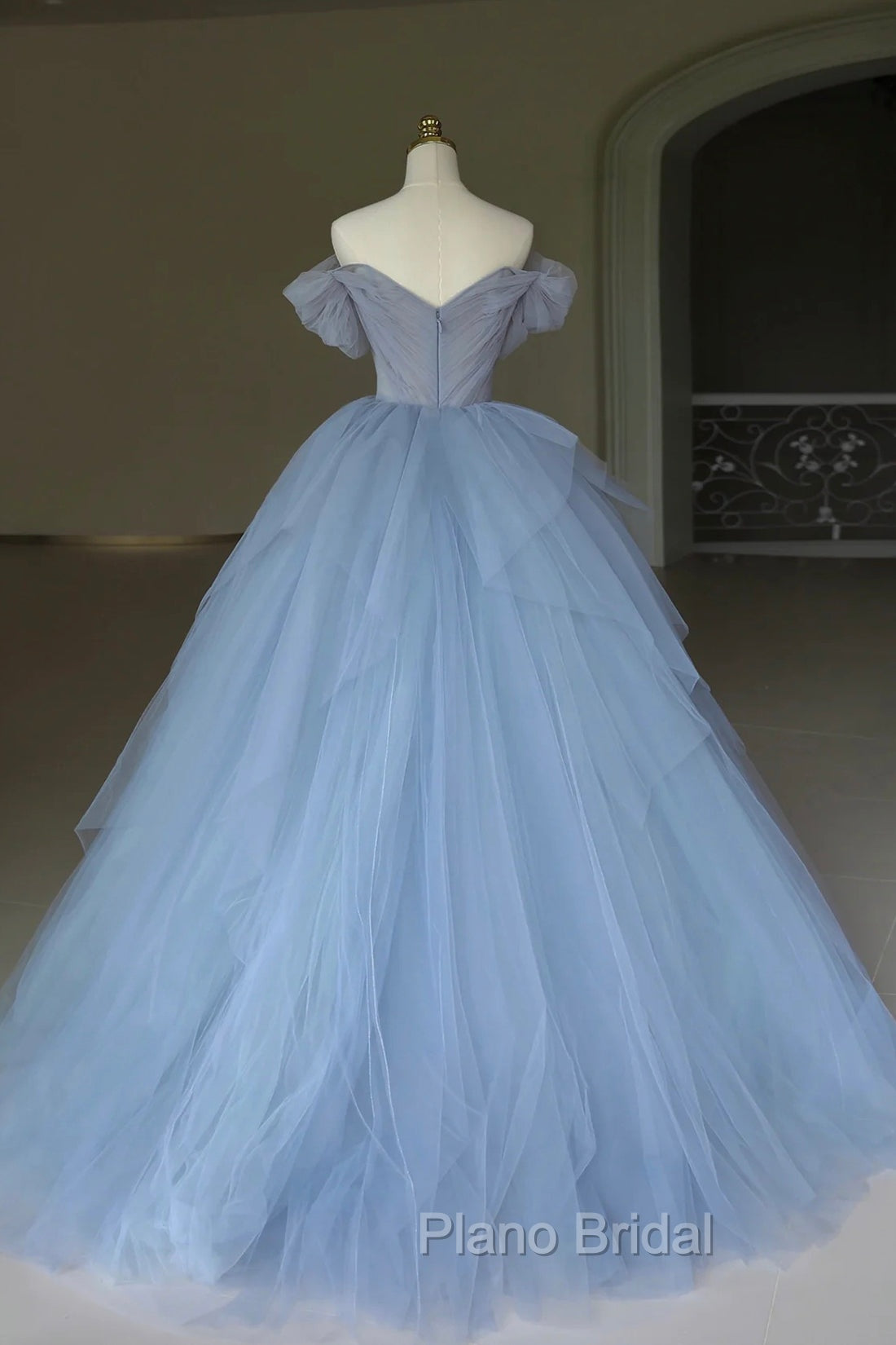 Blue Tulle Floor Length Formal Prom Dresses, Off the Shoulder Evening Dresses with 3D Flowers