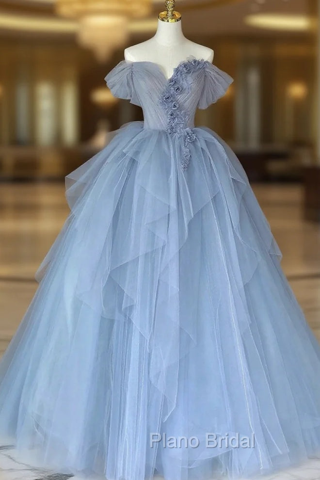 Blue Tulle Floor Length Formal Prom Dresses, Off the Shoulder Evening Dresses with 3D Flowers Main image