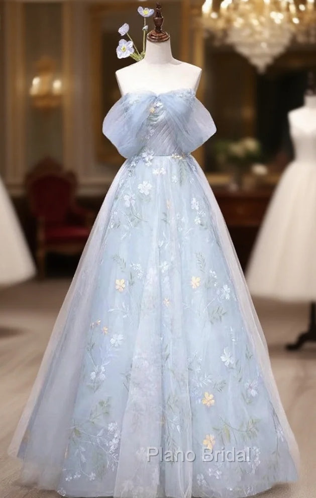 Blue Tulle Flower Off the Shoulder Formal Prom Dresses Main image