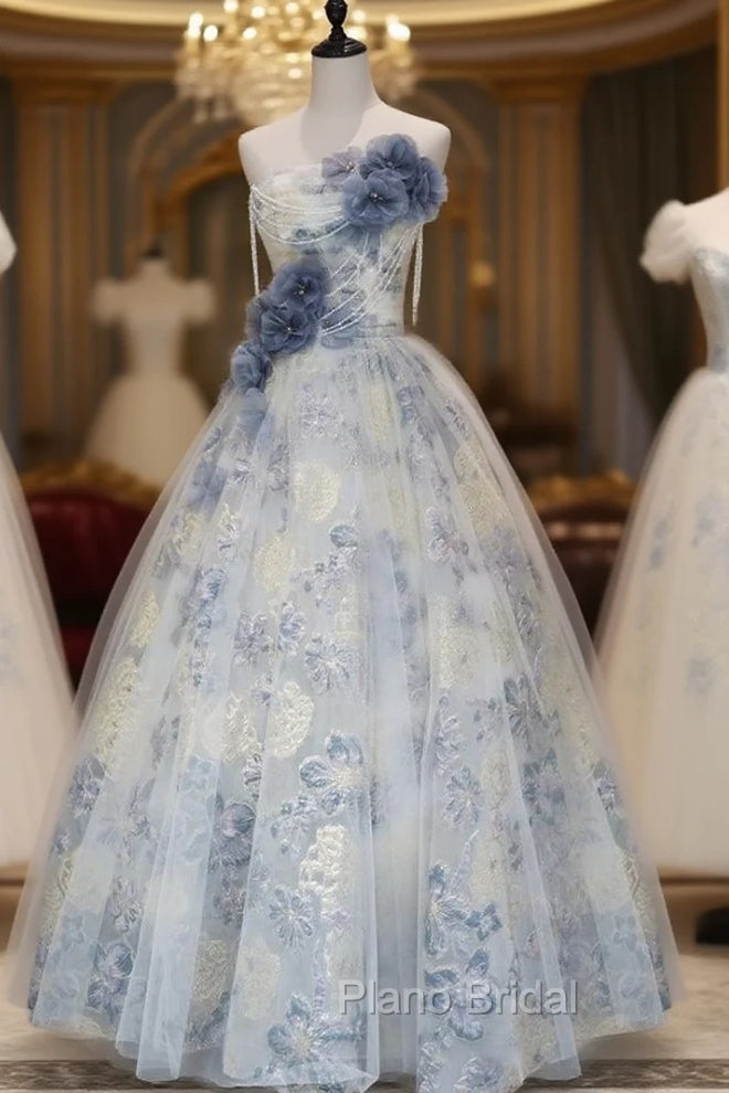 Blue Tulle Flower Strapless Pleats Formal Prom Dresses