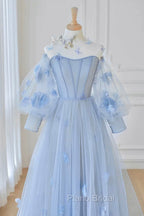 Blue Tulle Flowers Long Formal Prom Dresses, Lovely A-Line Puff Sleeve Evening Dresses