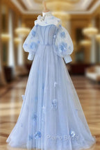 Blue Tulle Flowers Long Formal Prom Dresses, Lovely A-Line Puff Sleeve Evening Dresses