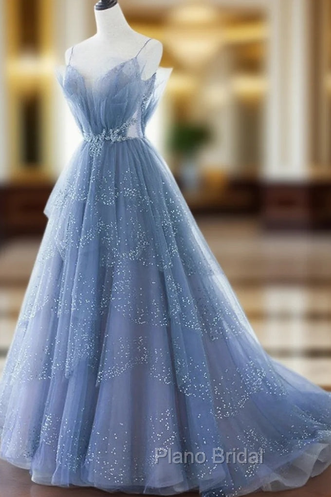 Blue Tulle Gorgeous V Neck Long Formal Prom Dresses, A-line Tulle Formal Evening Dresses Main image