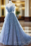 Blue Tulle Gorgeous V Neck Long Formal Prom Dresses, A-line Tulle Formal Evening Dresses