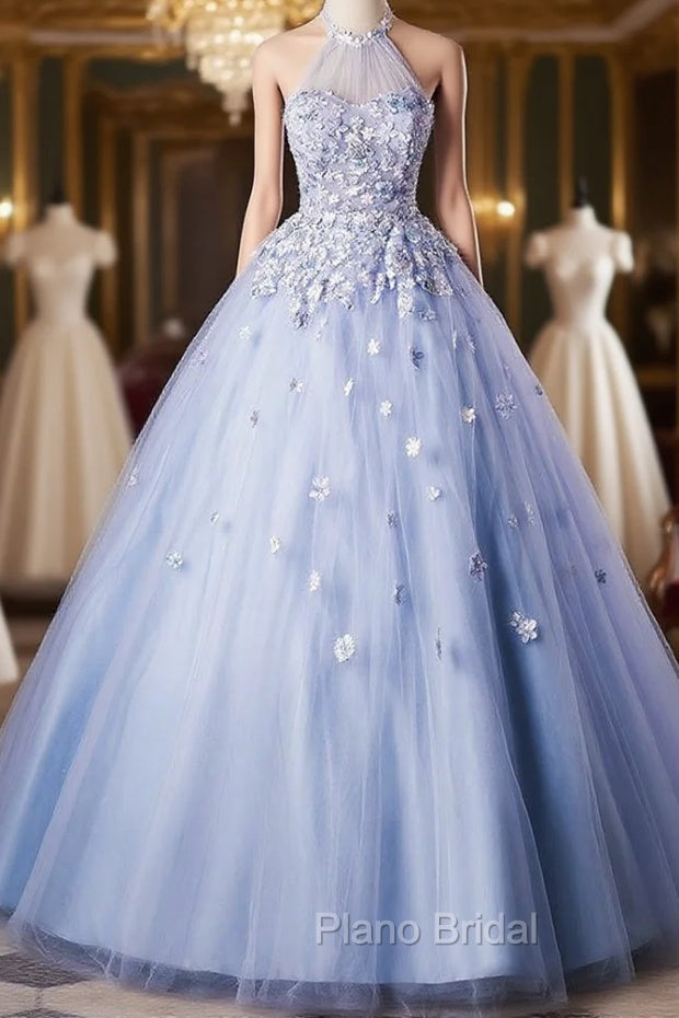 Blue Tulle Halter Flower Quinceanera Dresses Main image
