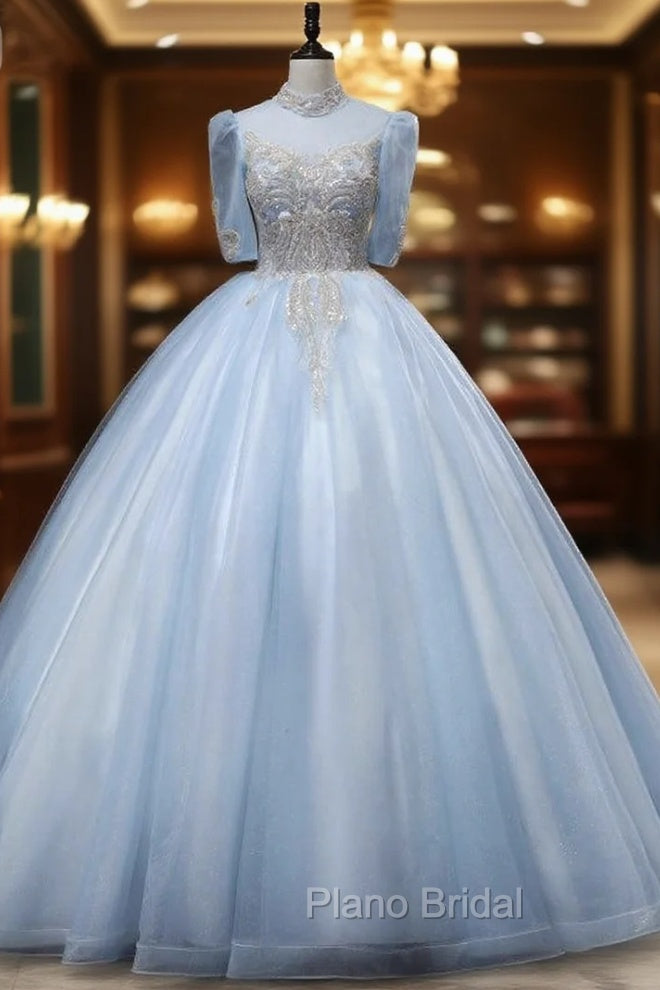 Blue Tulle High Neck Short Sleeve Beading Quinceanera Dresses