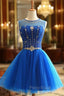 Blue Tulle Knee Length Backless Beading Homecoming Dresses