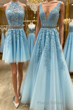 Blue tulle lace A line Formal Prom dress blue lace tulle formal dress