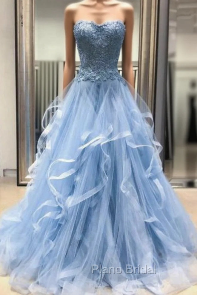 Blue Tulle Lace Appliques Sweetheart Layered Long Formal Prom Dresses Main image