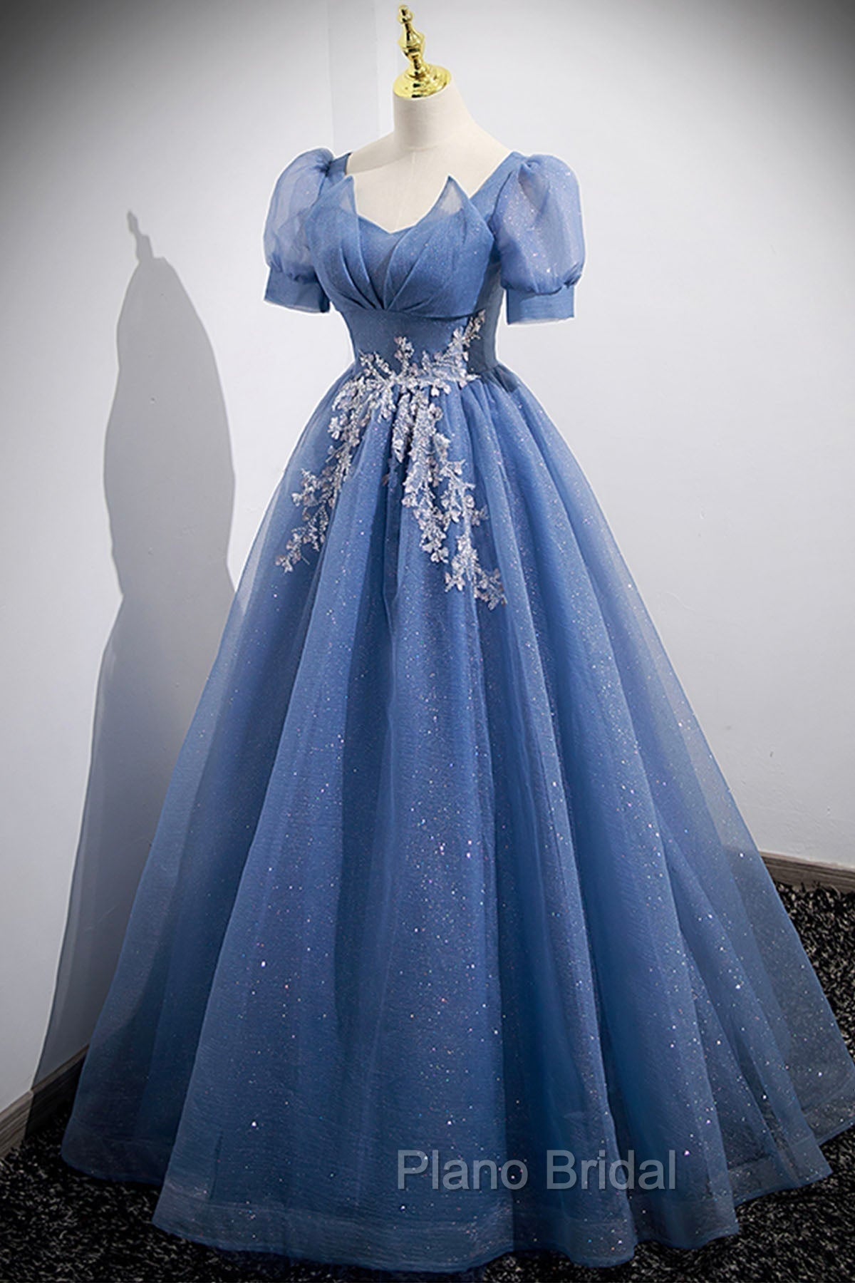 Blue Tulle Lace Floor Length Formal Prom Dresses, Blue Short Sleeve Evening Dresses