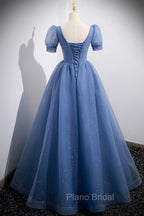 Blue Tulle Lace Floor Length Formal Prom Dresses, Blue Short Sleeve Evening Dresses