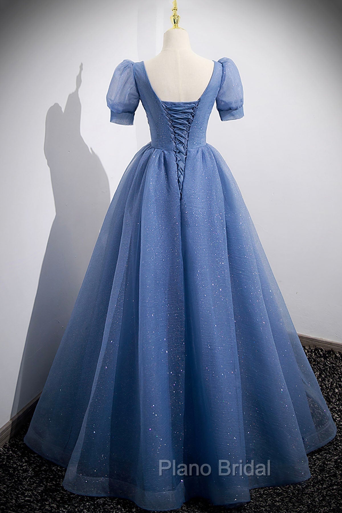 Blue Tulle Lace Floor Length Formal Prom Dresses, Blue Short Sleeve Evening Dresses