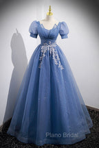 Blue Tulle Lace Floor Length Formal Prom Dresses, Blue Short Sleeve Evening Dresses