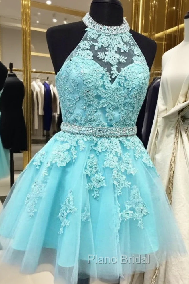 Blue Tulle Lace Halter Backless Homecoming Dresses Main image