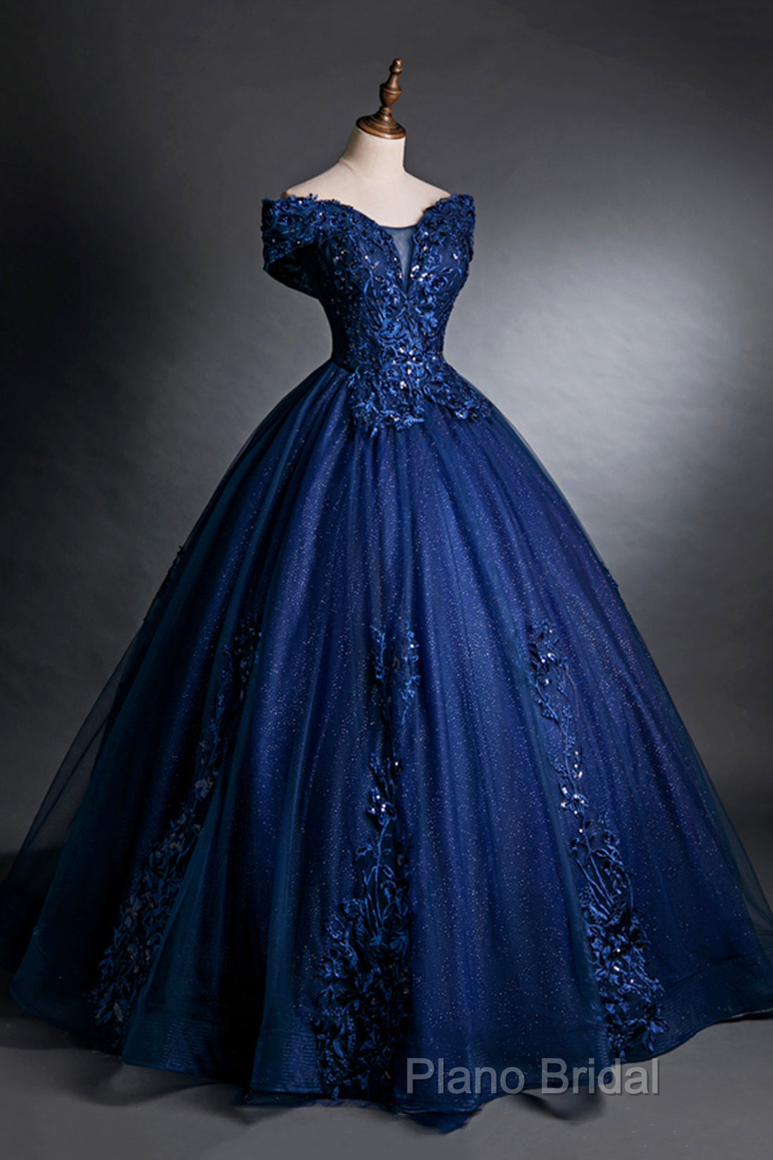 Blue Tulle Lace Long A-Line Ball Gown, Off The Shoulder Formal Party Dresses Secondary image