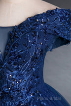Blue Tulle Lace Long A-Line Ball Gown, Off The Shoulder Formal Party Dresses