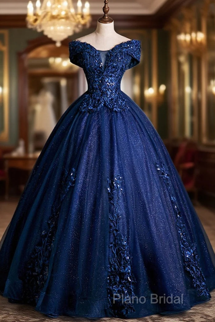 Blue Tulle Lace Long A-Line Ball Gown, Off The Shoulder Formal Party Dresses Main image