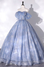 Blue Tulle Lace Long Ball Gown, Off The Shoulder Formal Evening Gown