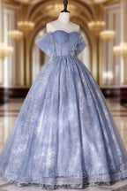 Blue Tulle Lace Long Ball Gown, Off The Shoulder Formal Evening Gown