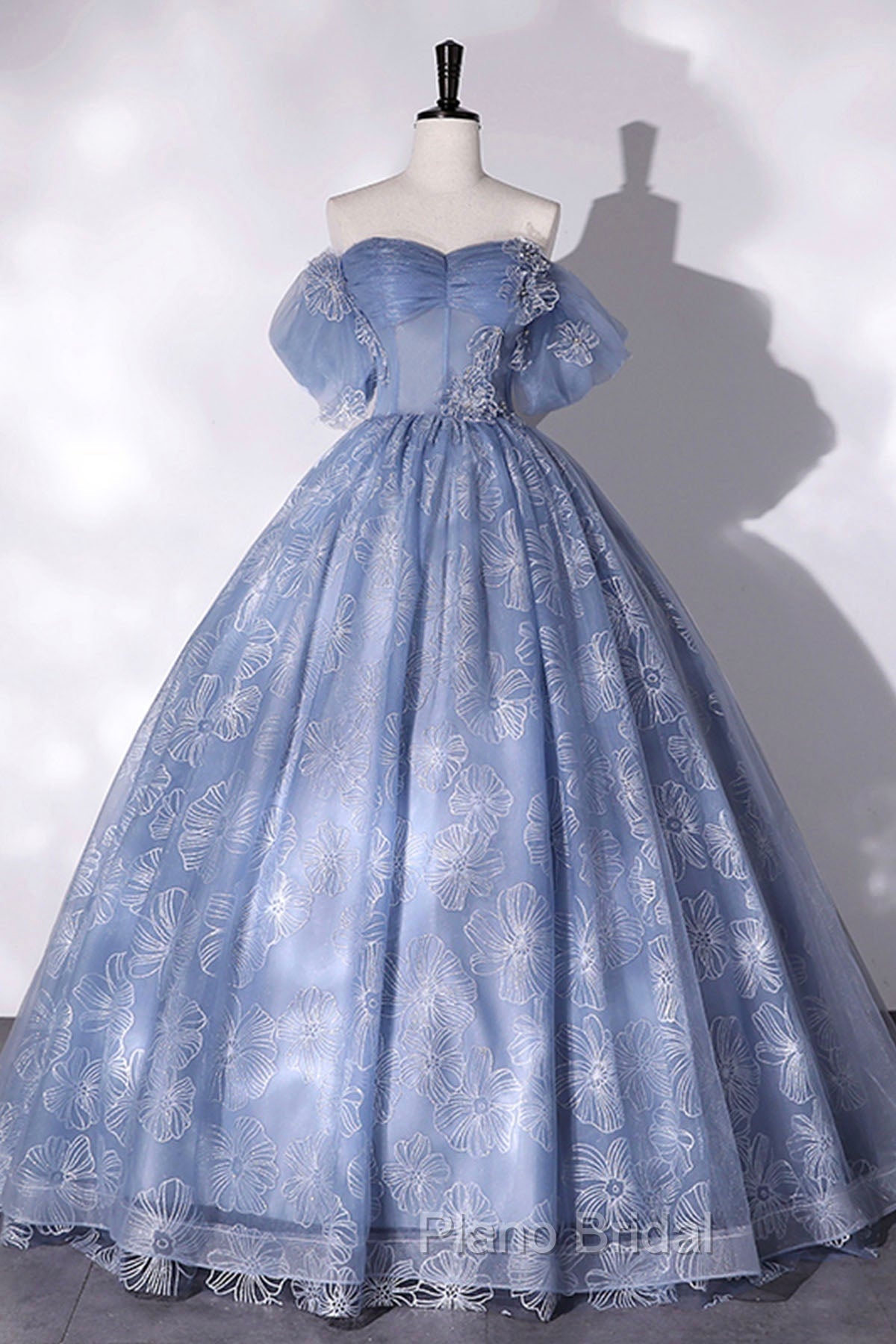 Blue Tulle Lace Long Ball Gown, Off The Shoulder Formal Evening Gown