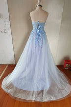 Blue Tulle Lace Long Formal Prom Dresses, Blue Strapless Evening Dresses with Slit