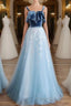 Blue tulle lace long Formal Prom dress, blue tulle formal dress