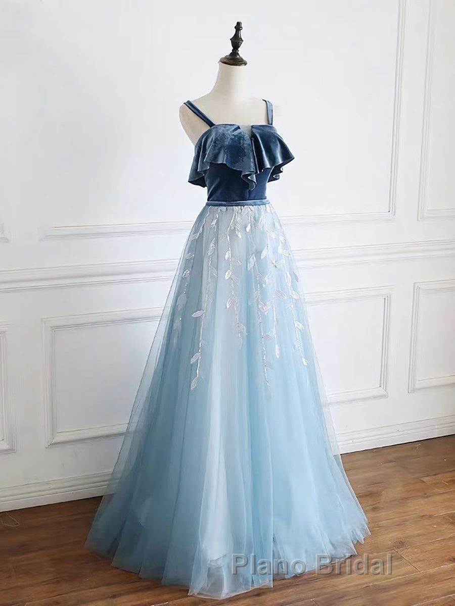 Blue tulle lace long Formal Prom dress, blue tulle formal dress