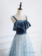 Blue tulle lace long Formal Prom dress, blue tulle formal dress