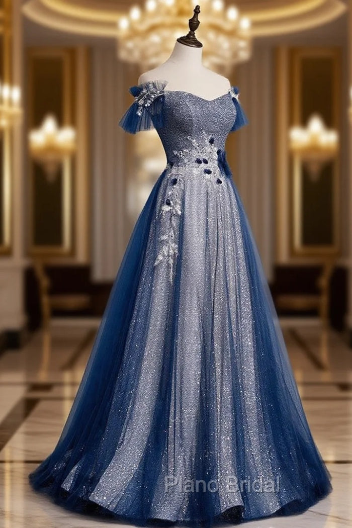 Blue Tulle Lace Long Formal Prom Dresses, Blue Tulle Lace Bridesmaid Dresses