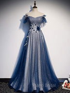 Blue Tulle Lace Long Formal Prom Dresses, Blue Tulle Lace Bridesmaid Dresses