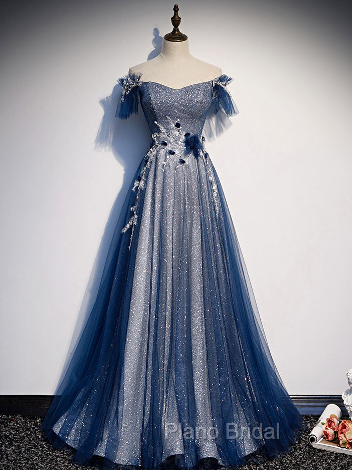 Blue Tulle Lace Long Formal Prom Dresses, Blue Tulle Lace Bridesmaid Dresses
