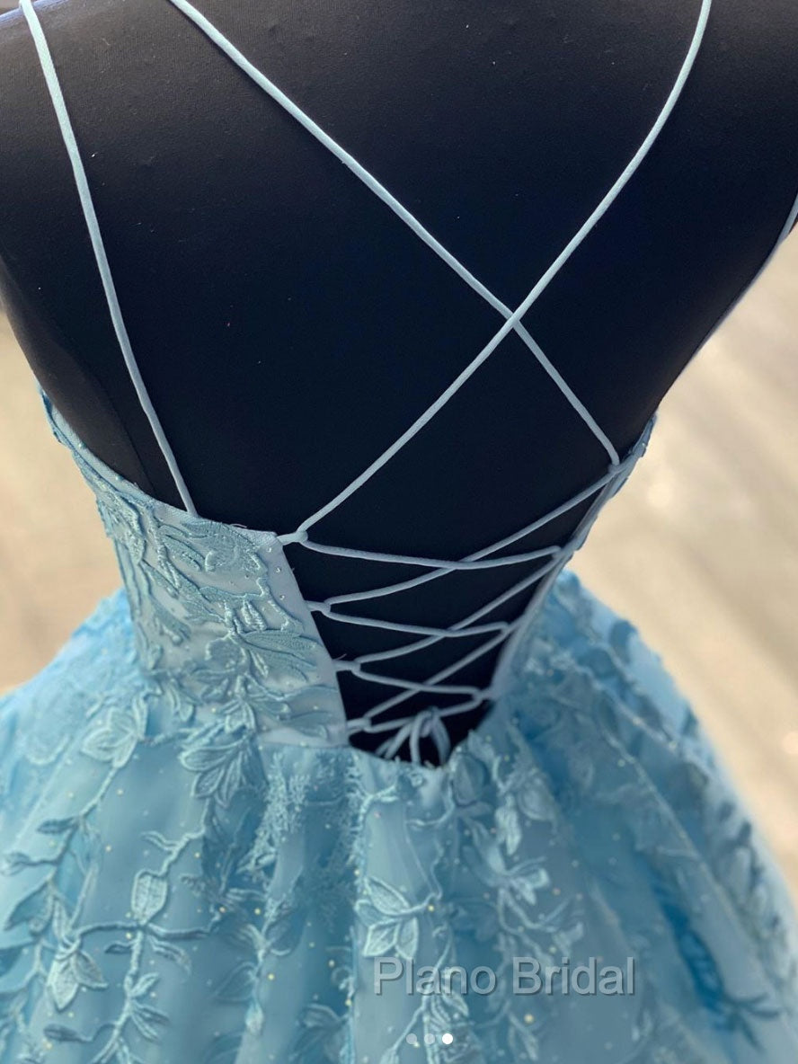 Blue Tulle Lace Long Formal Prom Dresses Blue Tulle Lace Evening Dresses Secondary image