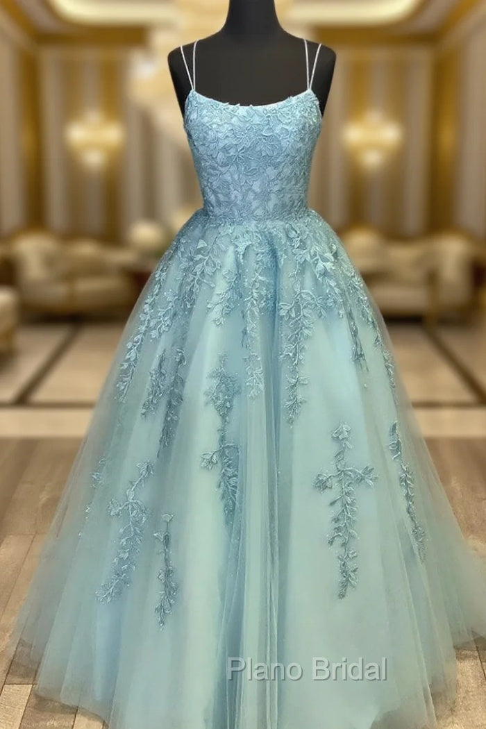 Blue Tulle Lace Long Formal Prom Dresses Blue Tulle Lace Evening Dresses Main image