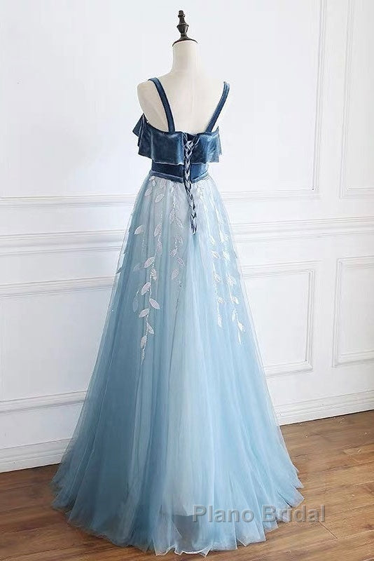 Blue Tulle Lace Long Formal Prom Dresses, Blue Tulle Long Evening Dresses Secondary image
