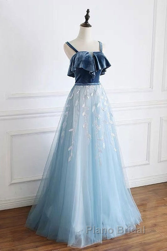 Blue Tulle Lace Long Formal Prom Dresses, Blue Tulle Long Evening Dresses