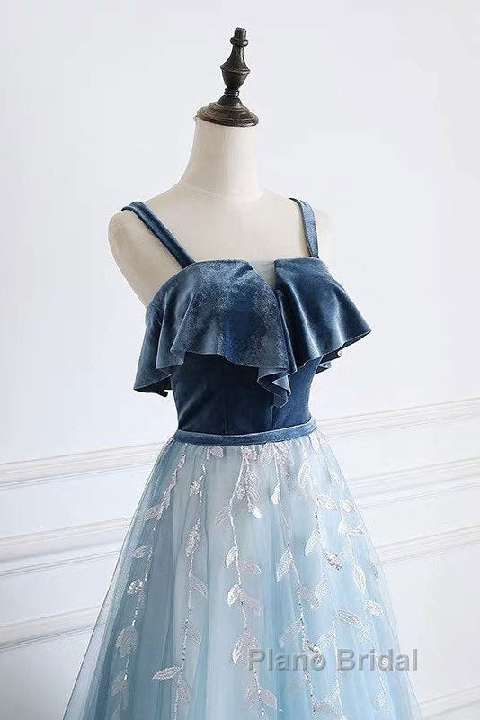 Blue Tulle Lace Long Formal Prom Dresses, Blue Tulle Long Evening Dresses