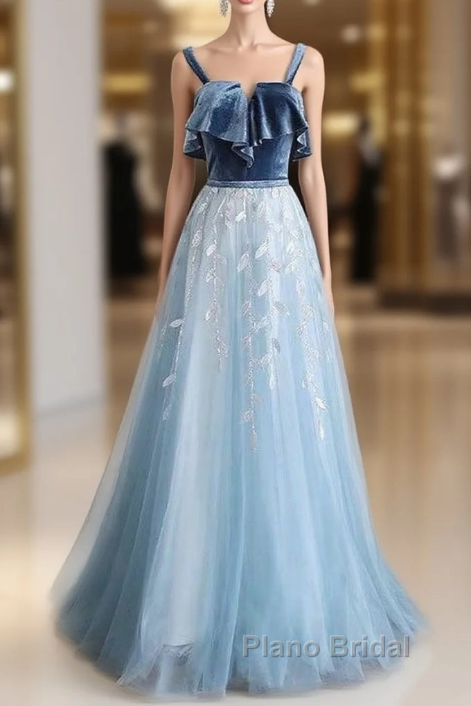 Blue Tulle Lace Long Formal Prom Dresses, Blue Tulle Long Evening Dresses Main image