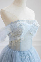Blue Tulle Lace Long Formal Prom Dresses, High Low A-Line Evening Party Dresses