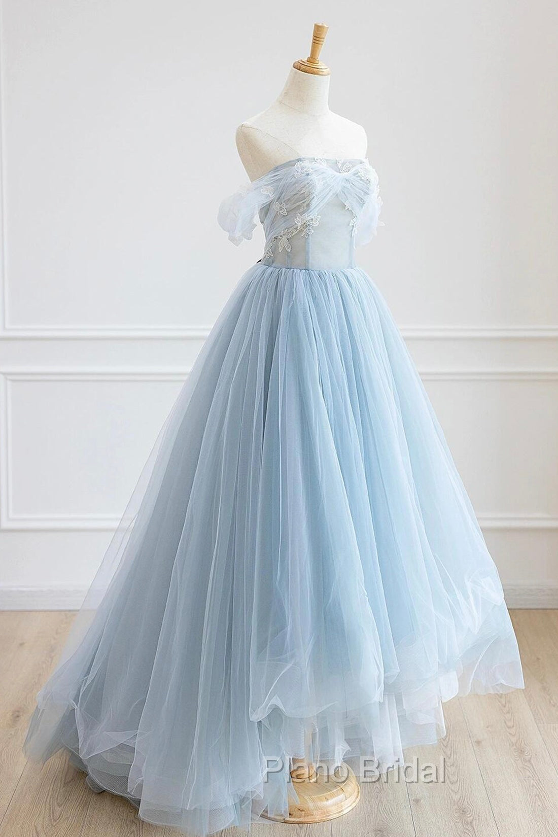 Blue Tulle Lace Long Formal Prom Dresses, High Low A-Line Evening Party Dresses