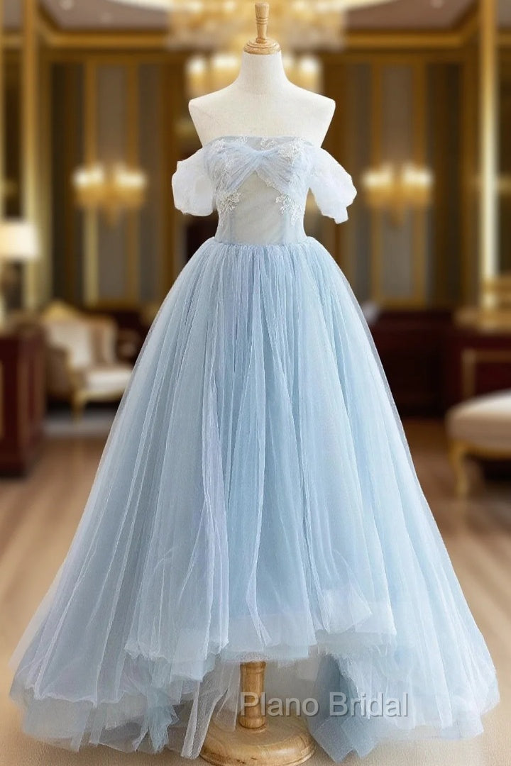 Blue Tulle Lace Long Formal Prom Dresses, High Low A-Line Evening Party Dresses Main image