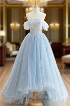 Blue Tulle Lace Long Formal Prom Dresses, High Low A-Line Evening Party Dresses